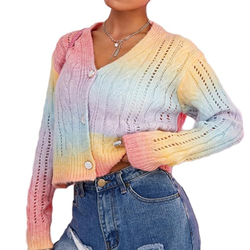 Godoboo Damen Strickjacke Regenbogen Cardigan Pullover Winter Strickpullover Elegant Offen Langarm Outwear Strickmantel Warm Strickpullover Herbst Winter Strickcardigan von Godoboo