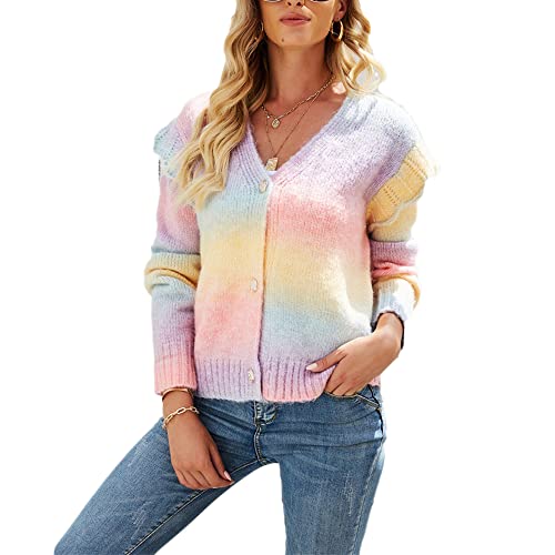 Godoboo Damen Strickjacke Regenbogen Cardigan Pullover Winter Strickpullover Elegant Offen Langarm Outwear Strickmantel Warm Strickpullover Herbst Winter Strickcardigan von Godoboo