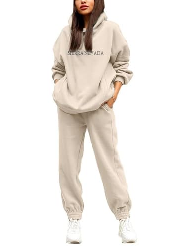 Godoboo Damen Tracksuit Langarm Hoodies und Hosen Herbst Winter 2 Stück Buchstaben Druck Warm Hausanzug Sweatshirt Lose Jogginganzug Kapuzenpullover Jogginghose für Damen Yoga Gym von Godoboo