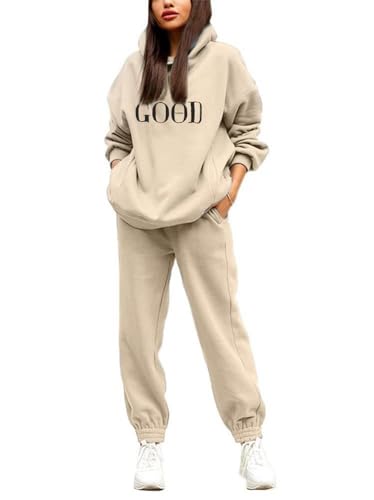 Godoboo Damen Tracksuit Langarm Hoodies und Hosen Herbst Winter 2 Stück Buchstaben Druck Warm Hausanzug Sweatshirt Lose Jogginganzug Kapuzenpullover Jogginghose für Damen Yoga Gym von Godoboo