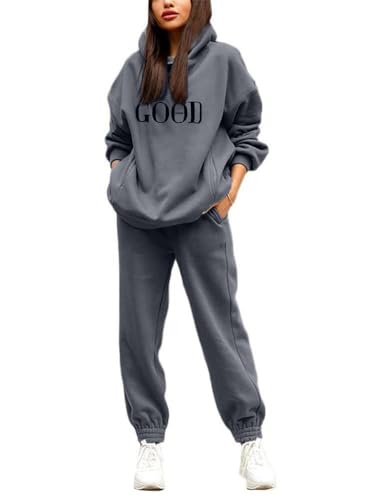 Godoboo Damen Tracksuit Langarm Hoodies und Hosen Herbst Winter 2 Stück Buchstaben Druck Warm Hausanzug Sweatshirt Lose Jogginganzug Kapuzenpullover Jogginghose für Damen Yoga Gym von Godoboo