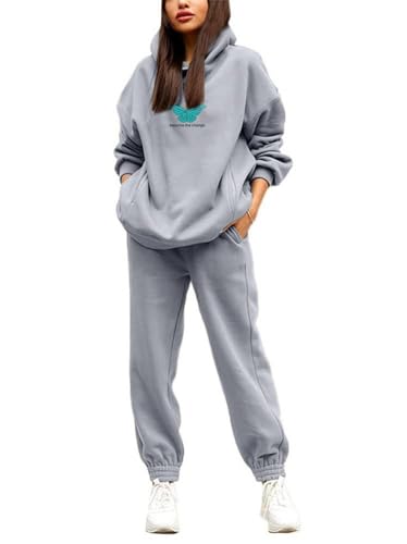 Godoboo Damen Tracksuit Langarm Hoodies und Hosen Herbst Winter 2 Stück Buchstaben Druck Warm Hausanzug Sweatshirt Lose Jogginganzug Kapuzenpullover Jogginghose für Damen Yoga Gym von Godoboo