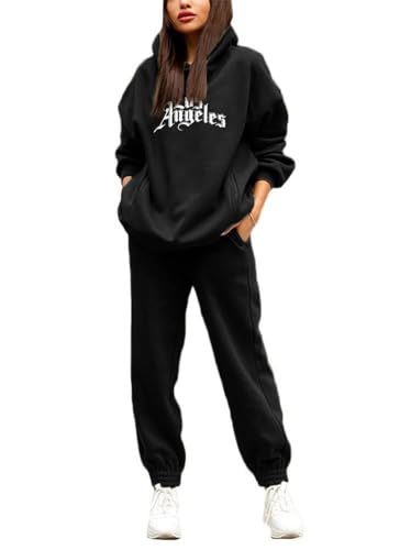 Godoboo Damen Tracksuit Langarm Hoodies und Hosen Herbst Winter 2 Stück Buchstaben Druck Warm Hausanzug Sweatshirt Lose Jogginganzug Kapuzenpullover Jogginghose für Damen Yoga Gym von Godoboo