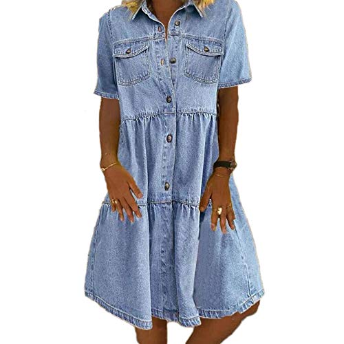 Godoboo Damen V-Ausschnitt Jeanskleider Denimkleid Sommerkleid Lose Einfarbig Kleid Hemdkleid aus Light Denim Blouse Skleid Partykleid von Godoboo