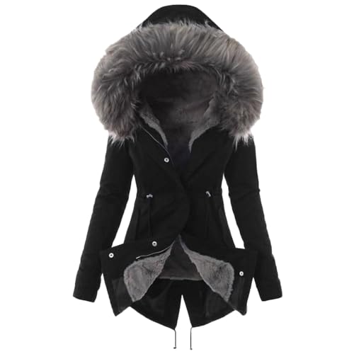 Godoboo Damen Winterjacke Wintermantel Warme Damen Winter Jacke Steppjacke Verdicken Gefüttert Kunstfell Outdoor-Winterjacke mit Kapuze Winddichte Fleece Damen Mantel von Godoboo