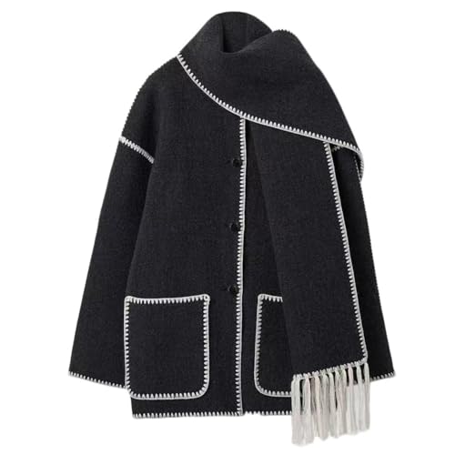 Godoboo Damen Wintermantel Mit Schal Einreiher Mäntel Quaste Schal Kragen Einreiher Mäntel Weibliche Lose Langarm Jacke Herbst Winter Jacke Wintercoat Outwear Mantel von Godoboo