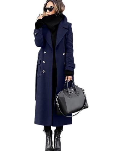Godoboo Damen Wollmantel mit Umlegekragen Lang Damen Trenchcoat Zweireiher mit Gürtel Damen Frühling Jacke Winddichte Slim Fit Einfarbig Midimantel von Godoboo
