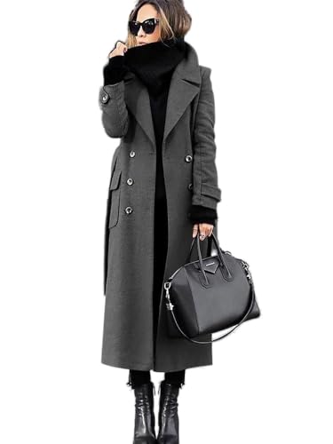 Godoboo Damen Wollmantel mit Umlegekragen Lang Damen Trenchcoat Zweireiher mit Gürtel Damen Frühling Jacke Winddichte Slim Fit Einfarbig Midimantel von Godoboo