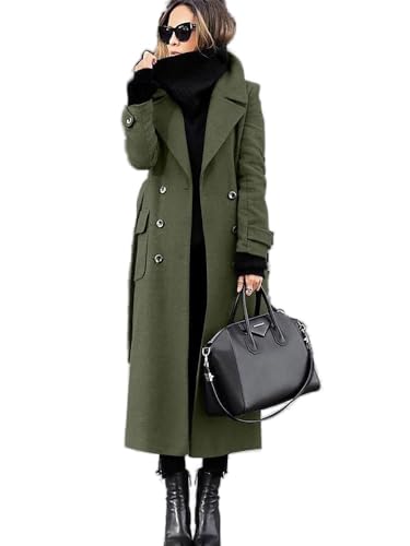 Godoboo Damen Wollmantel mit Umlegekragen Lang Damen Trenchcoat Zweireiher mit Gürtel Damen Frühling Jacke Winddichte Slim Fit Einfarbig Midimantel von Godoboo