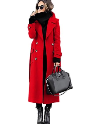 Godoboo Damen Wollmantel mit Umlegekragen Lang Damen Trenchcoat Zweireiher mit Gürtel Damen Frühling Jacke Winddichte Slim Fit Einfarbig Midimantel von Godoboo