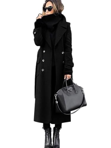 Godoboo Damen Wollmantel mit Umlegekragen Lang Damen Trenchcoat Zweireiher mit Gürtel Damen Frühling Jacke Winddichte Slim Fit Einfarbig Midimantel von Godoboo