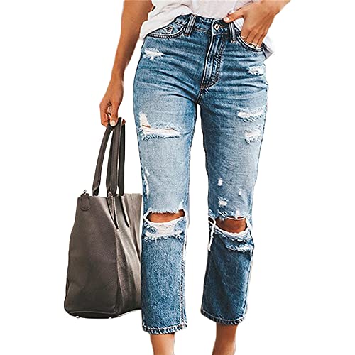 Godoboo Damen Zerissene Jeans High Waist Jeanshose Freizeit Schlanke Leggings Gerade Hosen Stretch Skinny Jeans Y2K Vintage Jeanshose Casual Lange Denim Bleistifthose von Godoboo