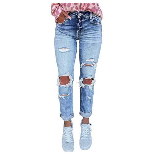 Godoboo Damen Zerissene Jeans High Waist Jeanshose Freizeit Schlanke Leggings Gerade Hosen Stretch Skinny Jeans Y2K Vintage Jeanshose Casual Lange Denim Bleistifthose von Godoboo