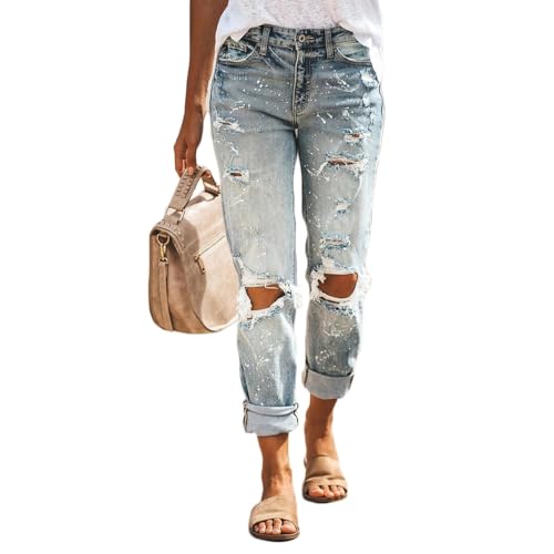 Godoboo Damen Zerissene Jeans High Waist Jeanshose Freizeit Schlanke Leggings Gerade Hosen Stretch Skinny Jeans Y2K Vintage Jeanshose Casual Lange Denim Bleistifthose von Godoboo