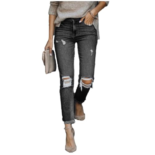 Godoboo Damen Zerissene Jeans High Waist Jeanshose Freizeit Schlanke Leggings Gerade Hosen Stretch Skinny Jeans Y2K Vintage Jeanshose Casual Lange Denim Bleistifthose von Godoboo