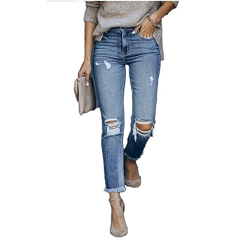 Godoboo Damen Zerissene Jeans High Waist Jeanshose Freizeit Schlanke Leggings Gerade Hosen Stretch Skinny Jeans Y2K Vintage Jeanshose Casual Lange Denim Bleistifthose von Godoboo