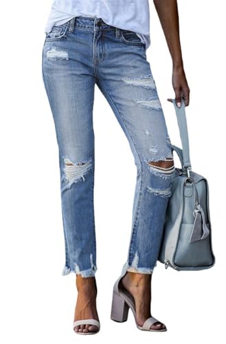 Godoboo Damen Zerissene Jeans High Waist Jeanshose Freizeit Schlanke Leggings Gerade Hosen Stretch Skinny Jeans Y2K Vintage Jeanshose Casual Lange Denim Bleistifthose von Godoboo