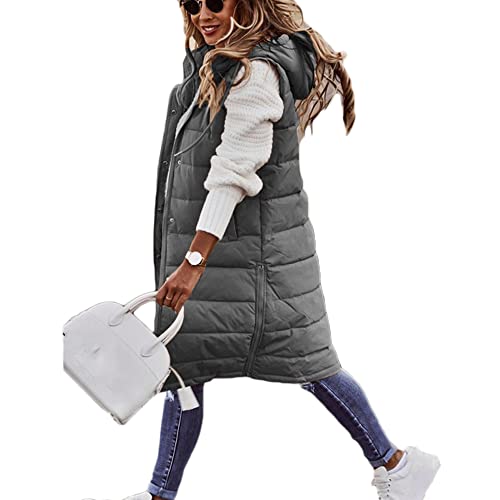 Godoboo Daunenweste Damen Lang Vest Ärmellos Warmer Jacke Übergangs Daunenweste Medium Lange Dicker Slim Zip Einfarbig Freizeit Mantel Jacke mit Taschen Herbst Winter Outdoor Klettern Reisen von Godoboo