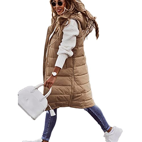 Godoboo Daunenweste Damen Lang Vest Ärmellos Warmer Jacke Übergangs Daunenweste Medium Lange Dicker Slim Zip Einfarbig Freizeit Mantel Jacke mit Taschen Herbst Winter Outdoor Klettern Reisen von Godoboo