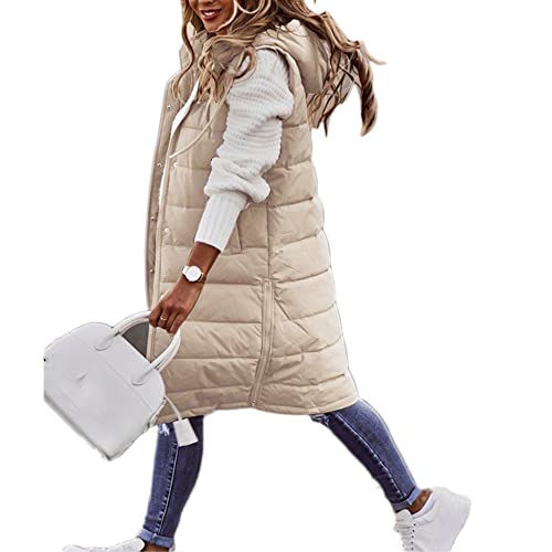 Godoboo Daunenweste Damen Lang Vest Ärmellos Warmer Jacke Übergangs Daunenweste Medium Lange Dicker Slim Zip Einfarbig Freizeit Mantel Jacke mit Taschen Herbst Winter Outdoor Klettern Reisen von Godoboo