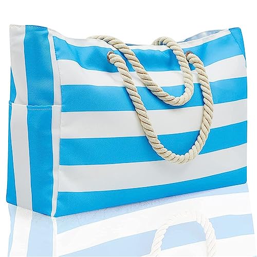 Godoboo Extra Große Strandtasche Wasserdicht Strandtasche Mit Reißverschluss Beach Bag Familie Bag Reisetasche Tote Bag Badetasche Schultertasche Shopper Streifen Navy von Godoboo