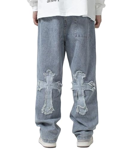 Godoboo Herren Jeans Baggy Jeans Bedruckt Hip Hop Jeanshose Straight Leg Casual Vintage Denim Hosen Y2K Jeans Teenager Hose Bedruckte Jeans Streetwear Cargohosen von Godoboo