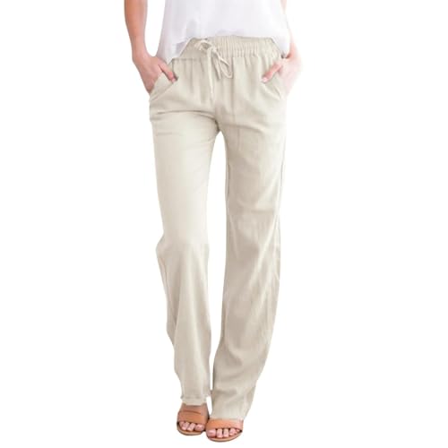 Godoboo Hose Damen Leinen Sommerhose Leichte Baumwolle Leinenhose Stoffhose Bequeme Einfarbig Freizeithose Straight Leg Strandhose Sommerhose mit Taschen Casual von Godoboo