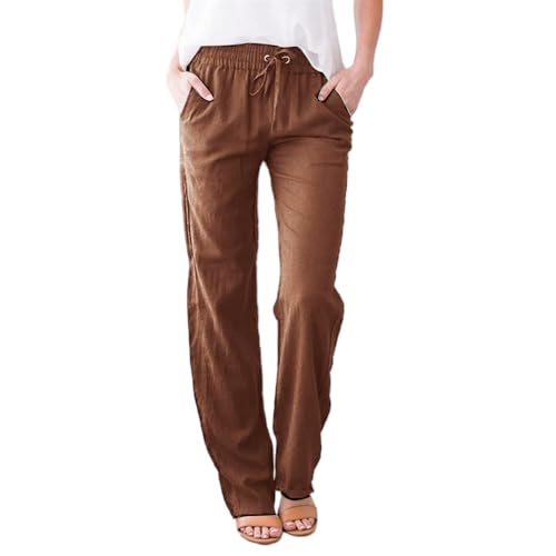 Godoboo Hose Damen Leinen Sommerhose Leichte Baumwolle Leinenhose Stoffhose Bequeme Einfarbig Freizeithose Straight Leg Strandhose Sommerhose mit Taschen Casual von Godoboo