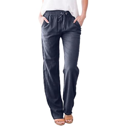 Godoboo Hose Damen Leinen Sommerhose Leichte Baumwolle Leinenhose Stoffhose Bequeme Einfarbig Freizeithose Straight Leg Strandhose Sommerhose mit Taschen Casual von Godoboo