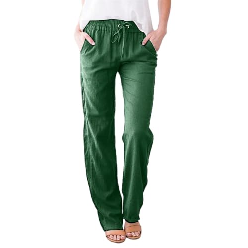 Godoboo Hose Damen Leinen Sommerhose Leichte Baumwolle Leinenhose Stoffhose Bequeme Einfarbig Freizeithose Straight Leg Strandhose Sommerhose mit Taschen Casual von Godoboo