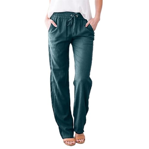 Godoboo Hose Damen Leinen Sommerhose Leichte Baumwolle Leinenhose Stoffhose Bequeme Einfarbig Freizeithose Straight Leg Strandhose Sommerhose mit Taschen Casual von Godoboo