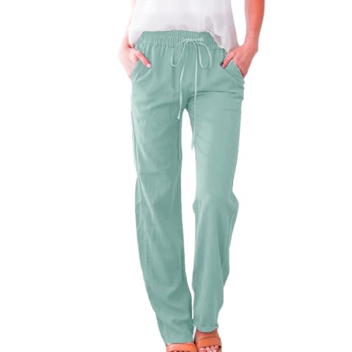 Godoboo Hose Damen Leinen Sommerhose Leichte Baumwolle Leinenhose Stoffhose Bequeme Einfarbig Freizeithose Straight Leg Strandhose Sommerhose mit Taschen Casual von Godoboo