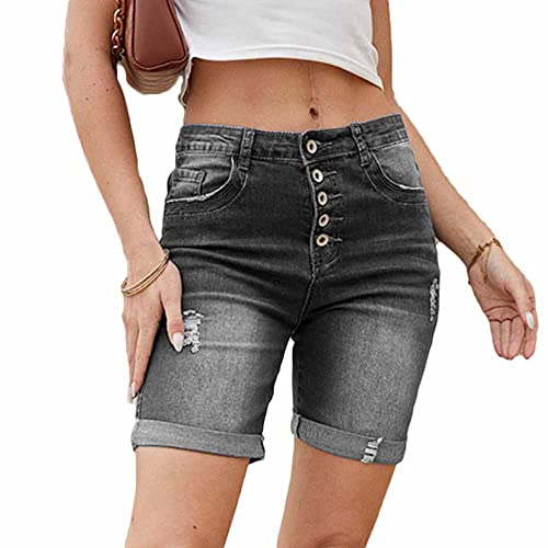 Godoboo Jeans Shorts Damen High Waist Damen Jeansshorts Basic Knielang Zerrissen Sommer Denim Kurze Hose Stretch Mode Casual Strandshorts Hotpants Sexy von Godoboo