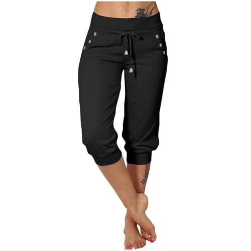 Godoboo Jogginghose Damen 3/4 Lang Baumwolle Sport Sweatpants Leicht Einfarbig Capri Hose Casual Sommerhose Trainingshose High Waist mit Taschen für Yoga Fitness Outdoor von Godoboo