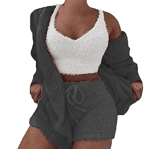 Godoboo Kurzarmpyjama Schlafanzug Damen Women's Fleece Pyjamas Sexy Fleece Outfit Top Shorts Set 3-Piece von Godoboo