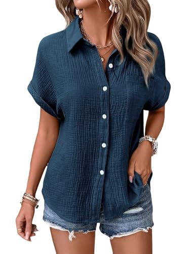 Godoboo Musselin Bluse Damen Shirts Sommer Baumwoll Leinenbluse Sommer V-Ausschnitt Solide Blusenshirt Elegant Oberteile mit Tasche von Godoboo