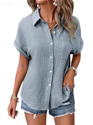 Godoboo Musselin Bluse Damen Shirts Sommer Baumwoll Leinenbluse Sommer V-Ausschnitt Solide Blusenshirt Elegant Oberteile mit Tasche von Godoboo