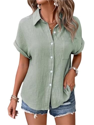 Godoboo Musselin Bluse Damen Shirts Sommer Baumwoll Leinenbluse Sommer V-Ausschnitt Solide Blusenshirt Elegant Oberteile mit Tasche von Godoboo