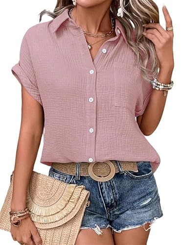 Godoboo Musselin Bluse Damen Shirts Sommer Baumwoll Leinenbluse Sommer V-Ausschnitt Solide Blusenshirt Elegant Oberteile mit Tasche von Godoboo