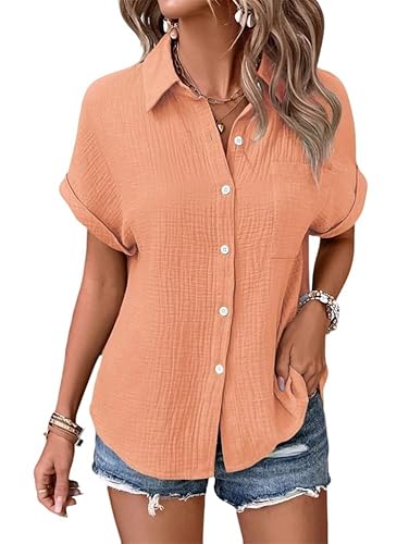 Godoboo Musselin Bluse Damen Shirts Sommer Baumwoll Leinenbluse Sommer V-Ausschnitt Solide Blusenshirt Elegant Oberteile mit Tasche von Godoboo