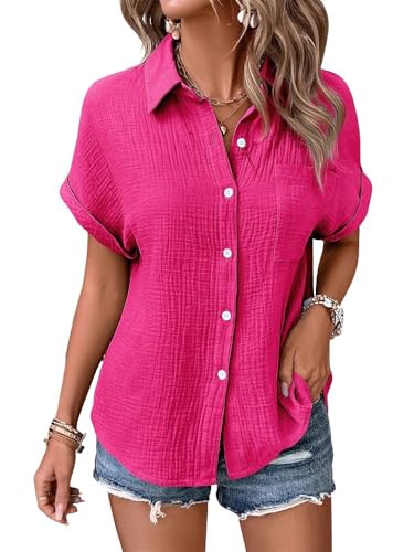 Godoboo Musselin Bluse Damen Shirts Sommer Baumwoll Leinenbluse Sommer V-Ausschnitt Solide Blusenshirt Elegant Oberteile mit Tasche von Godoboo