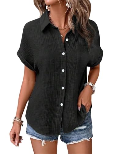 Godoboo Musselin Bluse Damen Shirts Sommer Baumwoll Leinenbluse Sommer V-Ausschnitt Solide Blusenshirt Elegant Oberteile mit Tasche von Godoboo