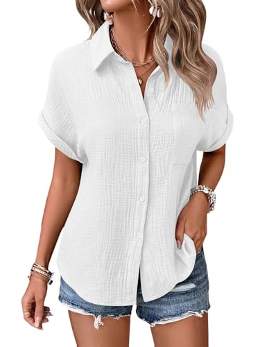 Godoboo Musselin Bluse Damen Shirts Sommer Baumwoll Leinenbluse Sommer V-Ausschnitt Solide Blusenshirt Elegant Oberteile mit Tasche von Godoboo