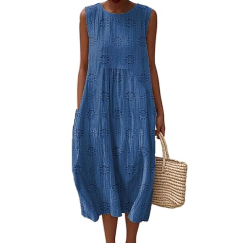 Godoboo Musselin Kleid Damen Sommerkleid Ärmellos Strandkleid Rundhals Blumendruck Kleider Freizeit Boho Midikleid Leicht Locker Luftig Freizeitkleid Casual Lose von Godoboo