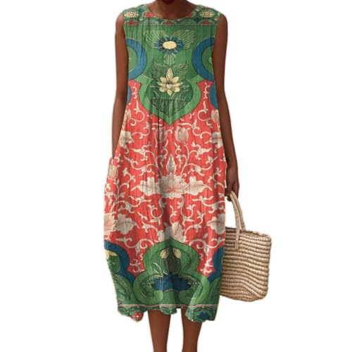 Godoboo Musselin Kleid Damen Sommerkleid Ärmellos Strandkleid Rundhals Blumendruck Kleider Freizeit Boho Midikleid Leicht Locker Luftig Freizeitkleid Casual Lose von Godoboo
