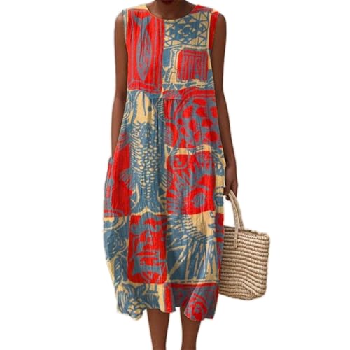 Godoboo Musselin Kleid Damen Sommerkleid Ärmellos Strandkleid Rundhals Blumendruck Kleider Freizeit Boho Midikleid Leicht Locker Luftig Freizeitkleid Casual Lose von Godoboo