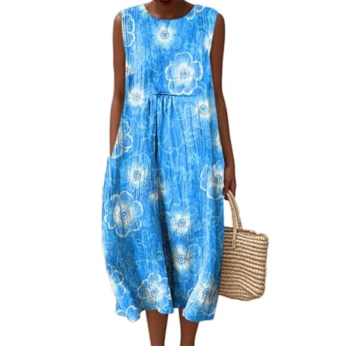 Godoboo Musselin Kleid Damen Strandkleid Vintage Blumendruck Sommerkleid Boho Kleider Rundhalsausschnitt Ärmellos Casual Freizeitkleid Midi Lang Leicht und Luftig von Godoboo