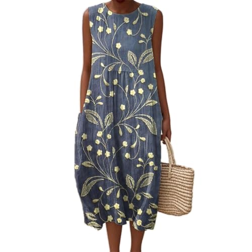 Godoboo Musselin Kleid Damen Strandkleid Vintage Blumendruck Sommerkleid Boho Kleider Rundhalsausschnitt Ärmellos Casual Freizeitkleid Midi Lang Leicht und Luftig von Godoboo
