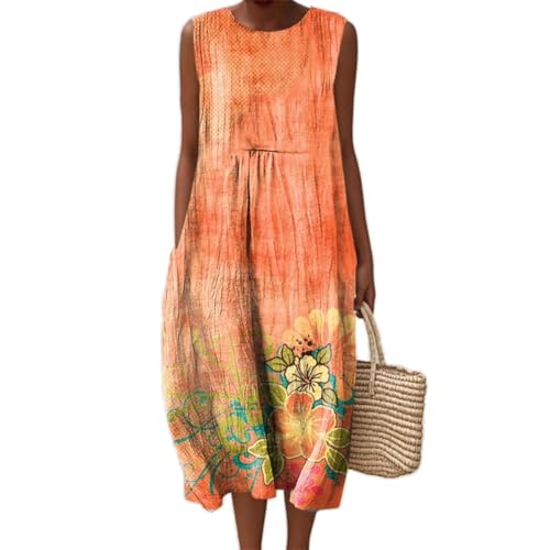 Godoboo Musselin Kleid Damen Strandkleid Vintage Blumendruck Sommerkleid Boho Kleider Rundhalsausschnitt Ärmellos Casual Freizeitkleid Midi Lang Leicht und Luftig von Godoboo