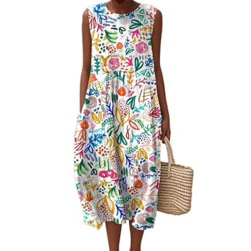 Godoboo Musselin Kleid Damen Strandkleid Vintage Blumendruck Sommerkleid Boho Kleider Rundhalsausschnitt Ärmellos Casual Freizeitkleid Midi Lang Leicht und Luftig von Godoboo